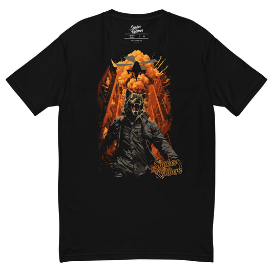 Lone Wolf walking away from Explosion Men's Next Level Fitted T-Shirt