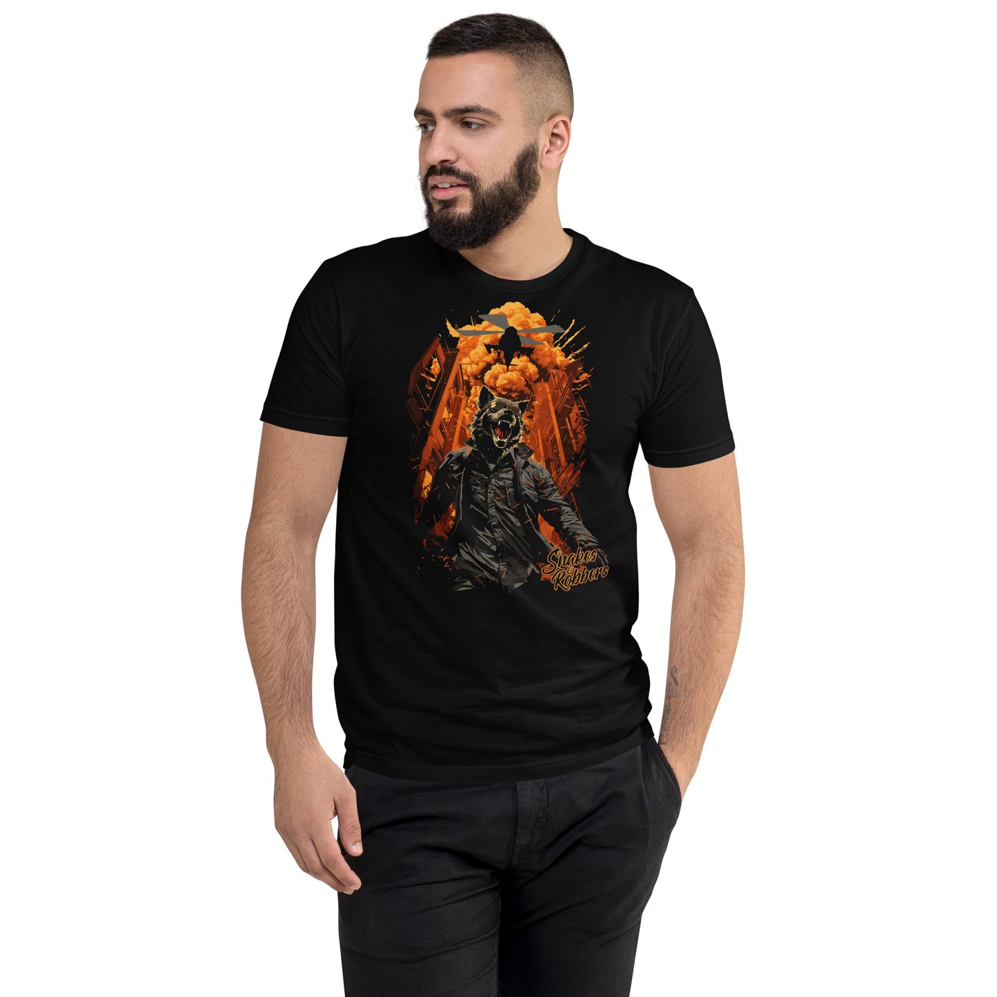 Lone Wolf walking away from Explosion Men's Next Level Fitted T-Shirt
