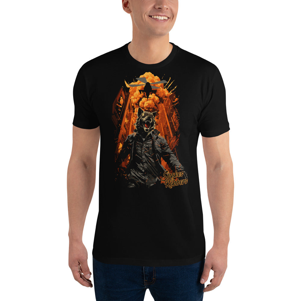 Lone Wolf walking away from Explosion Men's Next Level Fitted T-Shirt