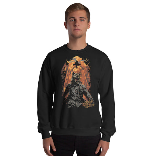 Lone Wolf walking away from Explosion Unisex Sweatshirt