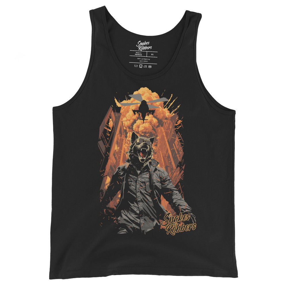 Lone Wolf walking away from Explosion Men's Tank Top