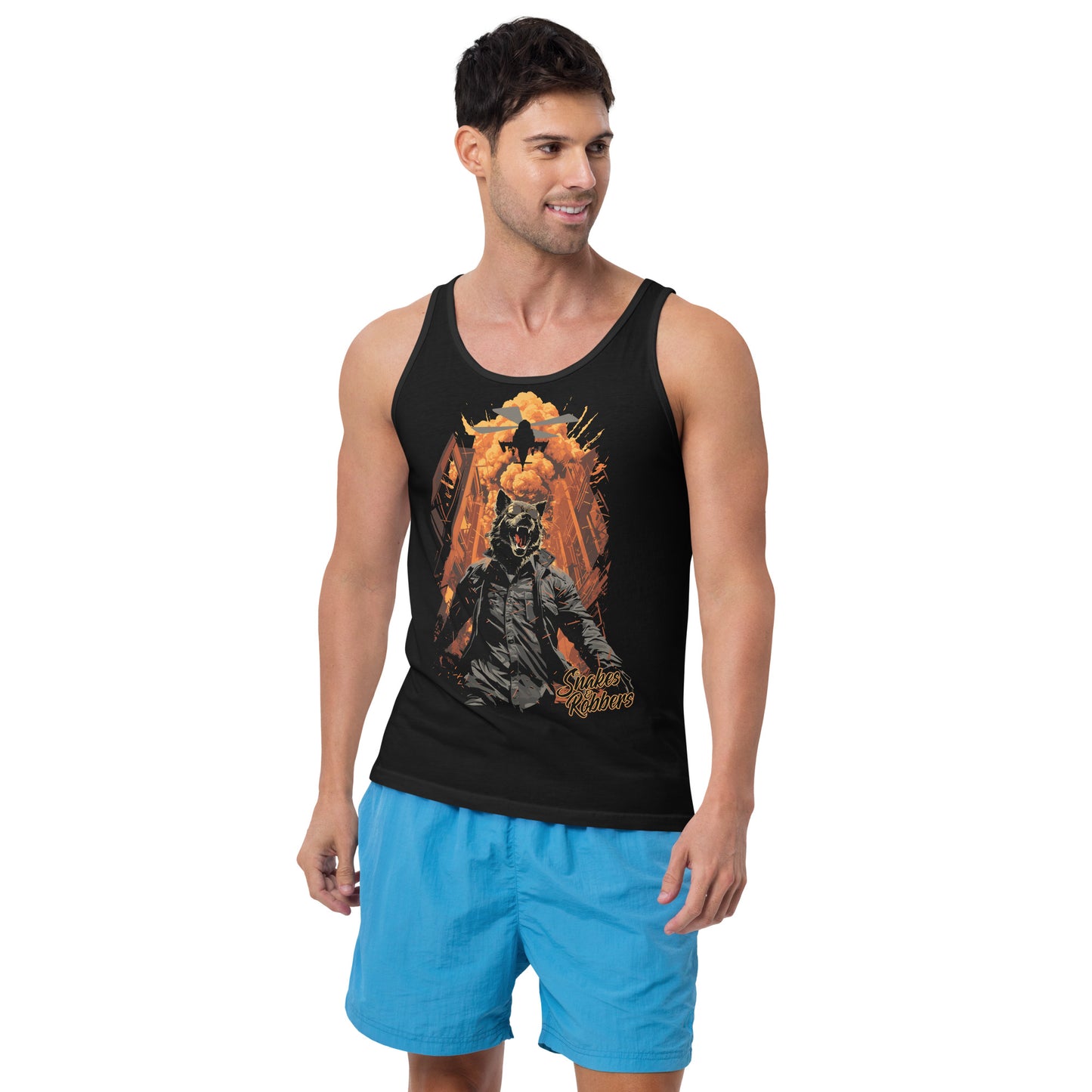 Lone Wolf walking away from Explosion Men's Tank Top