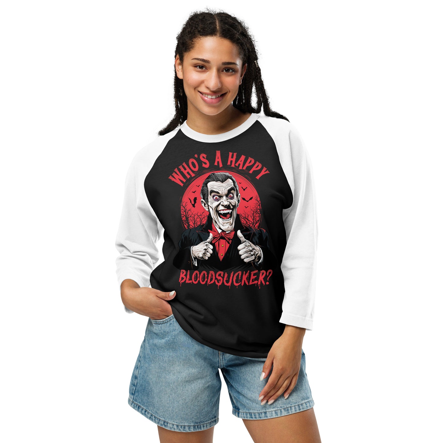 Who's a Happy Bloodsucker? 3/4 sleeve raglan shirt