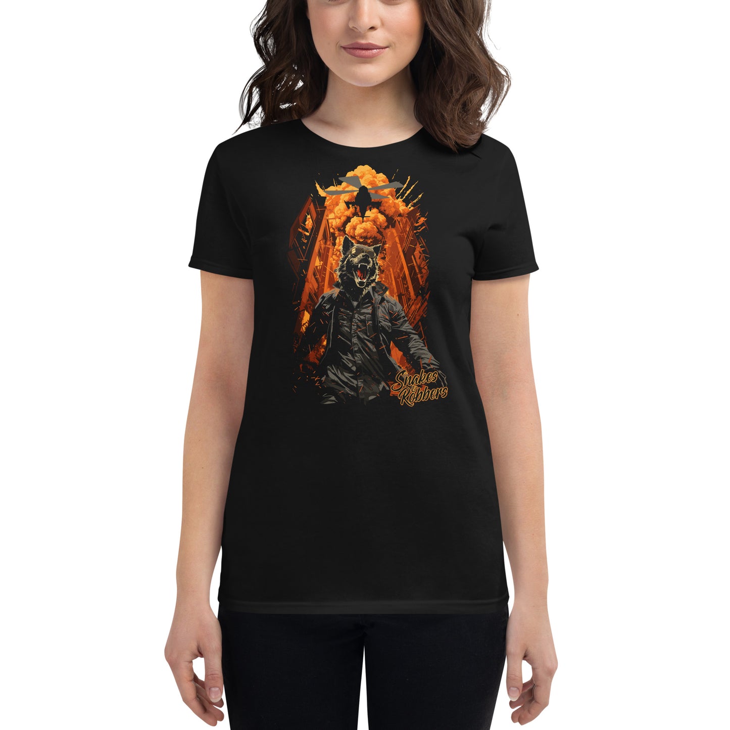 Lone Wolf walking away from Explosion Women's Fashion Fit T-shirt