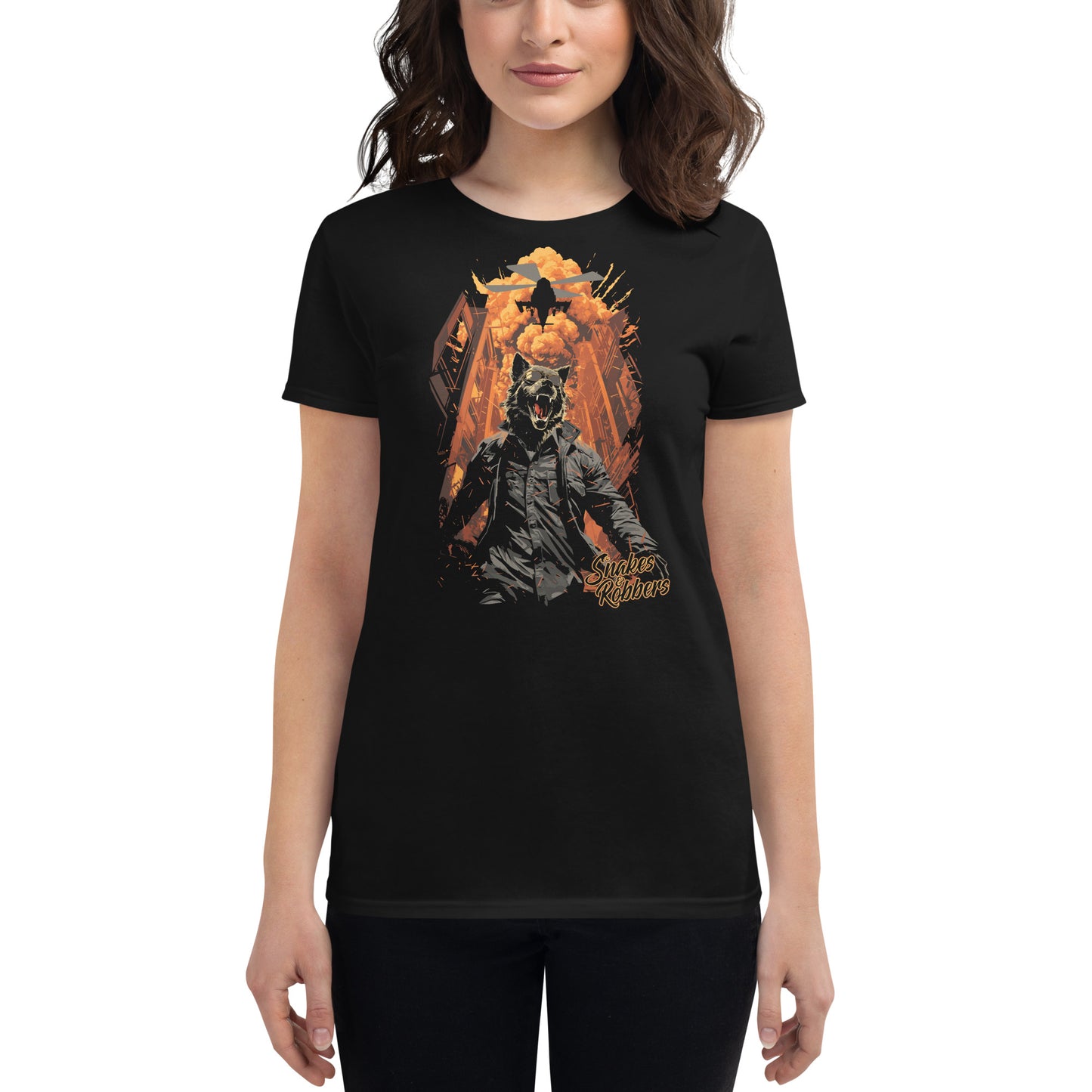 Lone Wolf walking away from Explosion Women's Fashion Fit T-shirt